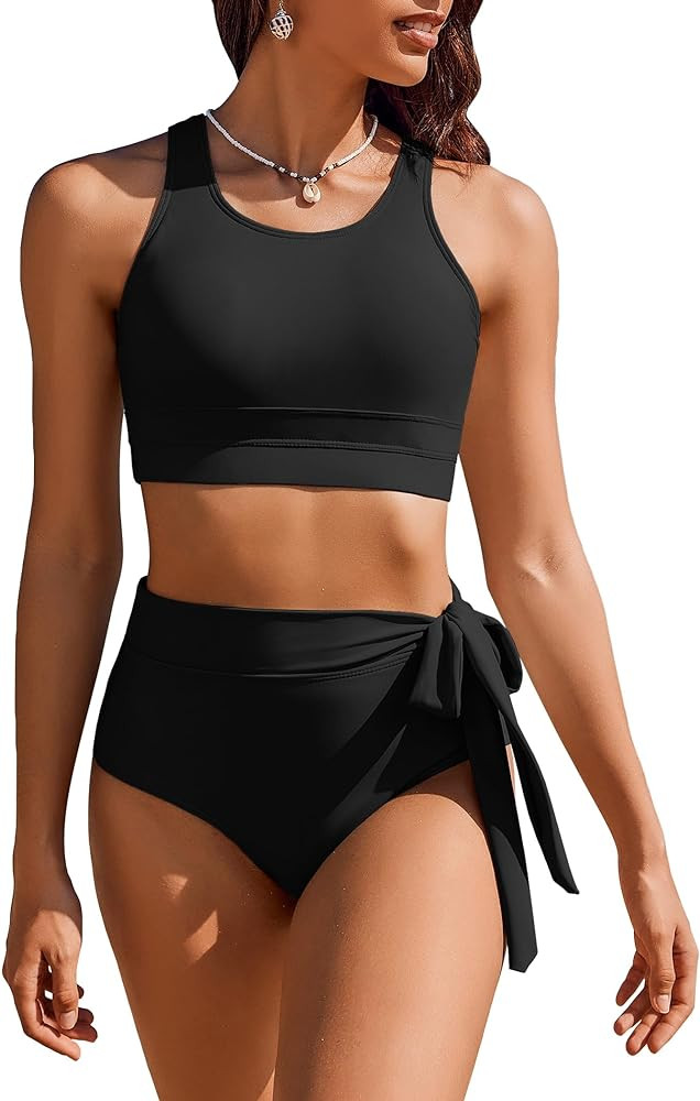AI'MAGE Womens High Waisted Bikini Set Tummy Control 2 Piece Bathing Suit Modest Racerback Swimsu... | Amazon (US)