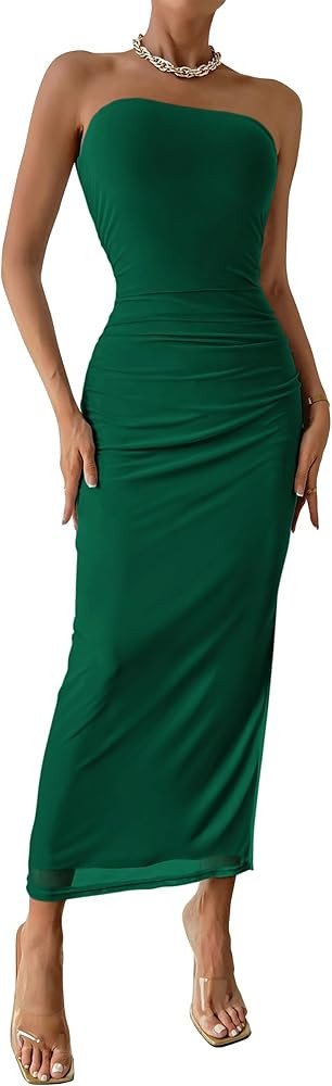 PRETTYGARDEN Women's Summer Wedding Guest Dress Strapless Tube Top Maxi Bodycon Long Floral Mesh ... | Amazon (US)