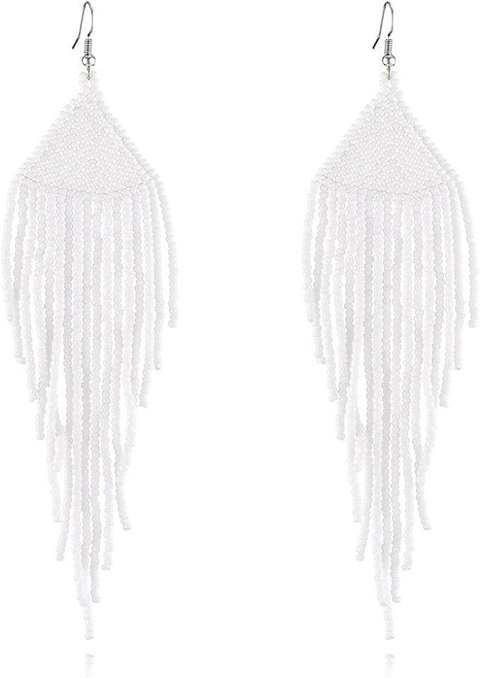 Amazon.com: Long Beaded Tassel Earrings – Native Handmade Bohemian Beaded Large Statement Chand... | Amazon (US)