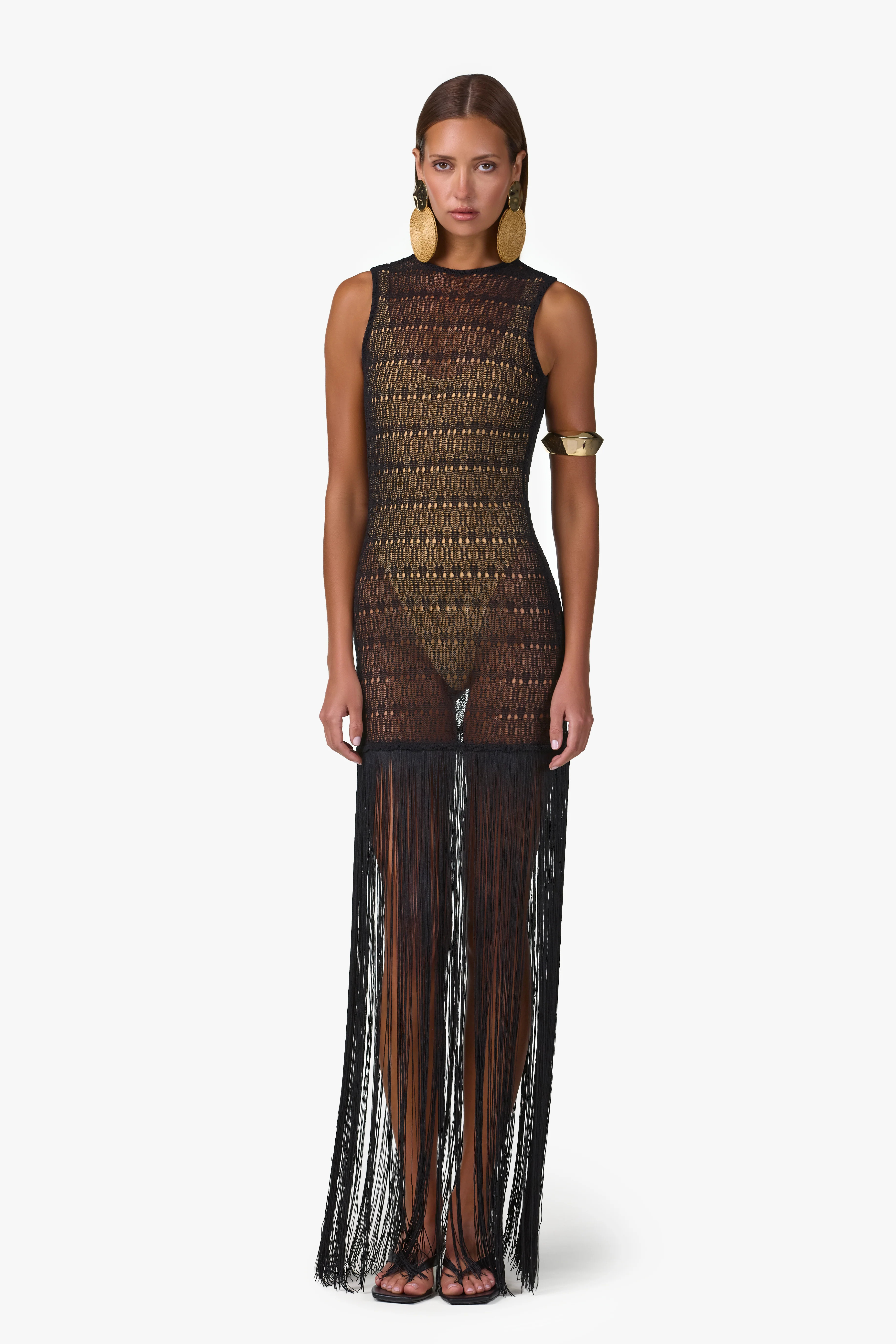 Fringe Knit Maxi Dress (Black) | SAME