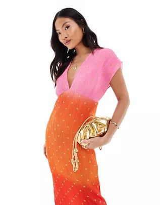 Never Fully Dressed Petite gold fleck plisse midaxi dress in sunset ombre | ASOS (Global)