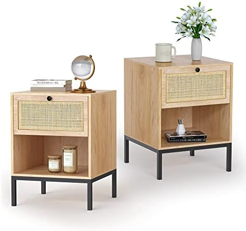 Amazon.com: Rattan Nightstand Set of 2, Bedside Table with Handmade Natural Rattan Decorative Doo... | Amazon (US)
