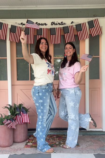 “You look like the 4th of July!” 🎀🧨🇺🇸✨ Mission accomplished! 

Loving these Stars and Stripes jeans with a flare aaand the straight leg with a star pattern?! Yes please! Why do bows make everything cuter! Love it paired with patriotic prints, too cute!

4th of July outfit • patriotic decor • bow • red white blue • ootd • flag decor • Stars and Stripes • seasonal decor 

#LTKOver40 #LTKMidsize #LTKSeasonal