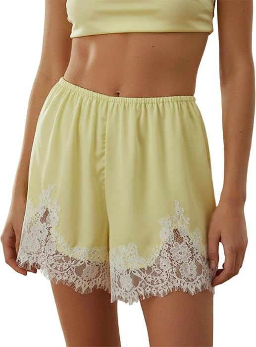 Women Lace Trim Satin Shorts Low Rise Silk Mini Micro Shorts Lace Patchwork Y2k Teen Girls Cute C... | Amazon (US)