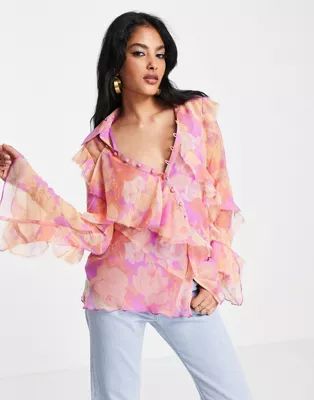 ASOS DESIGN v neck ruffle blouse with frill detail and button edge in pink pastel floral print | ASOS (Global)