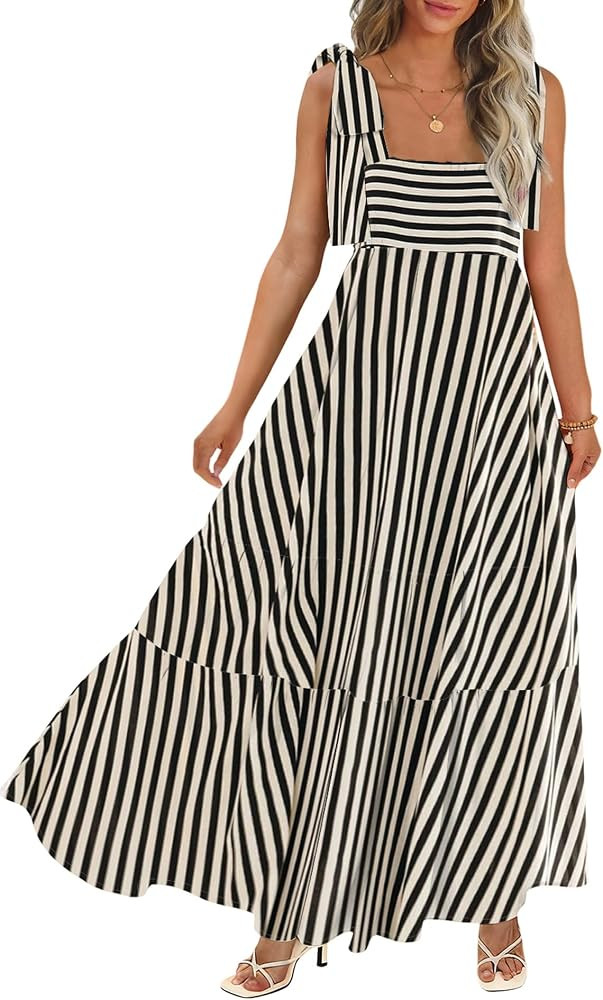CURBODO Women's Summer Maxi Dress Boho Spaghetti Straps Casual Long A-line Smocked Beach Dress Sq... | Amazon (US)