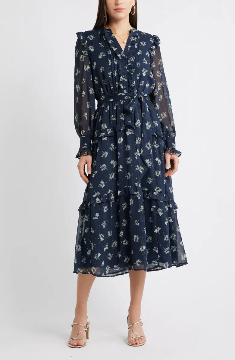 Floral Fil Coupé Long Sleeve Midi Dress | Nordstrom