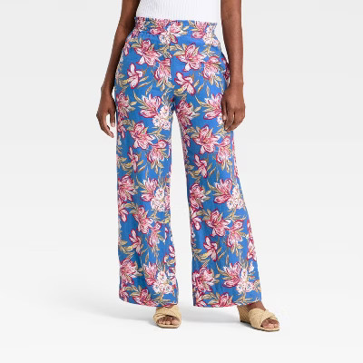 Women's Linen Wide Leg Pull-On Pants - A New Day™ Blue Floral S Short | Target