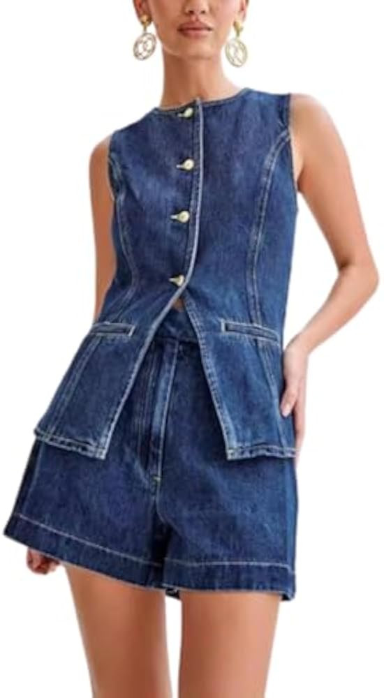 Denim Set Vest and Shorts Set for Women European Summer Outfits for Women 2000s Clothing for Wome... | Amazon (US)