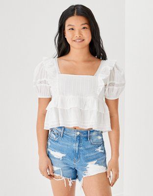 AE Square Neck Puff-Sleeve Babydoll Blouse | American Eagle Outfitters (US & CA)