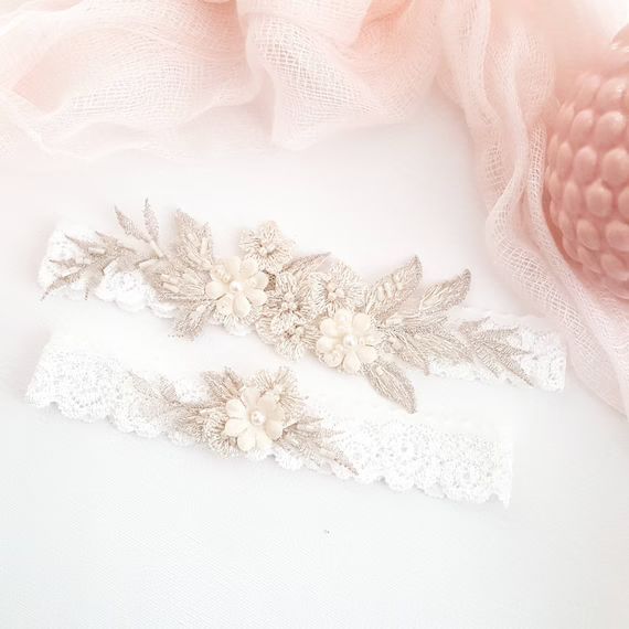 Champagne Floral Lace Bridal Wedding Garter Vintage Ivory | Etsy | Etsy (US)
