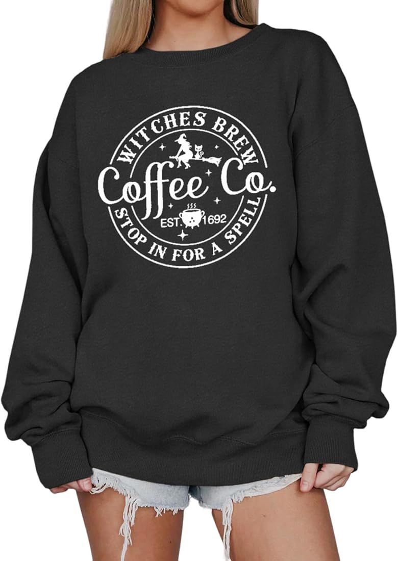 IZYJOY Witches Brew Coffee Oversized Sweatshirt Women Halloween Witch Coffee Co Crewneck Pullover... | Amazon (US)