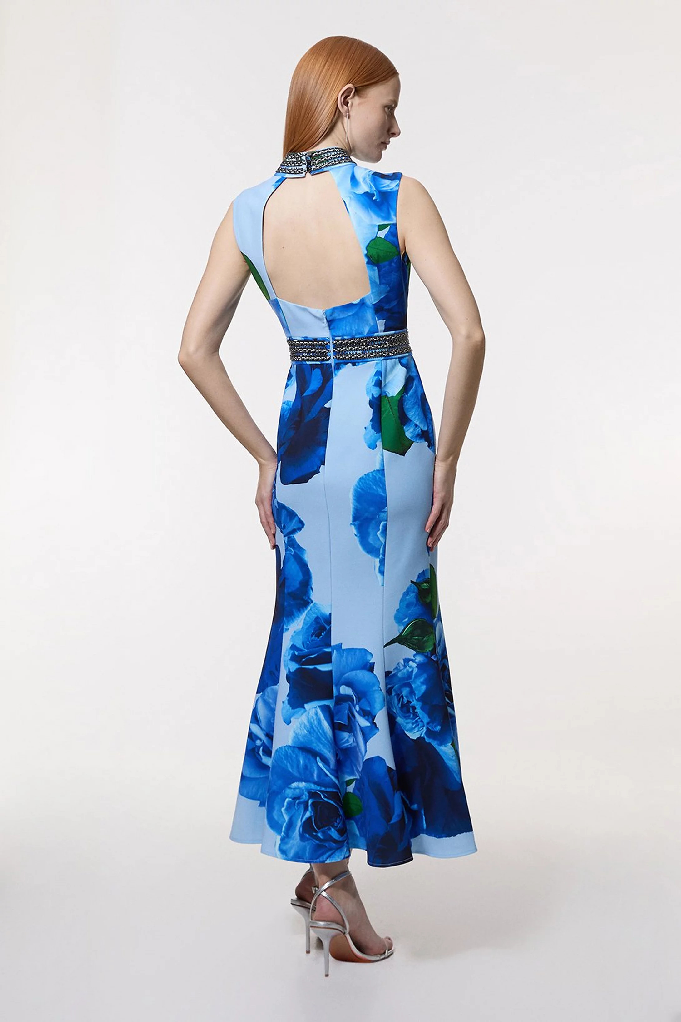 Diamante Trim Rose Woven Maxi Dress | Karen Millen UK + IE + DE + NL