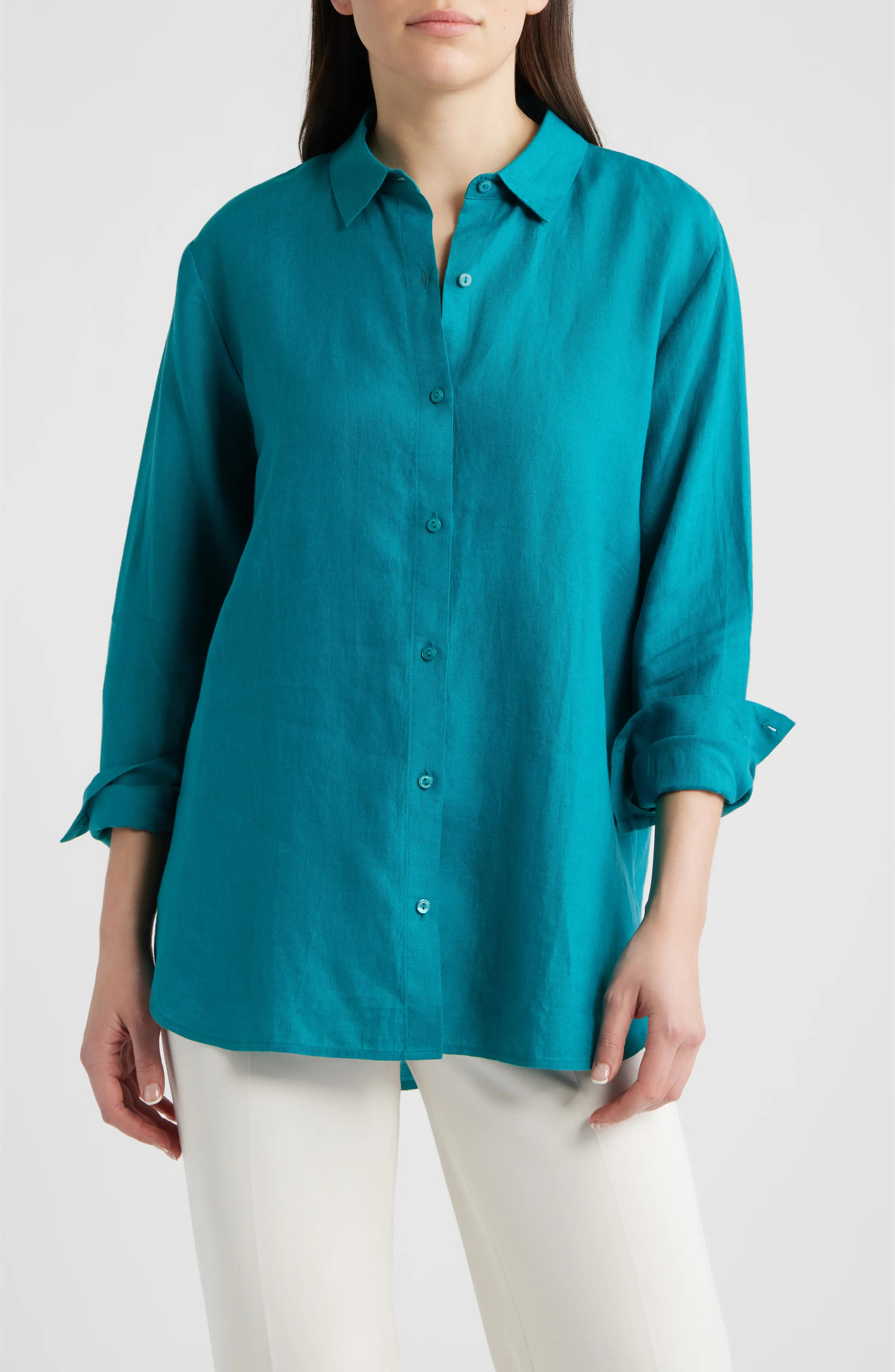 Classic Collar Organic Linen Long Button-Up Shirt (Women) | Nordstrom | Nordstrom