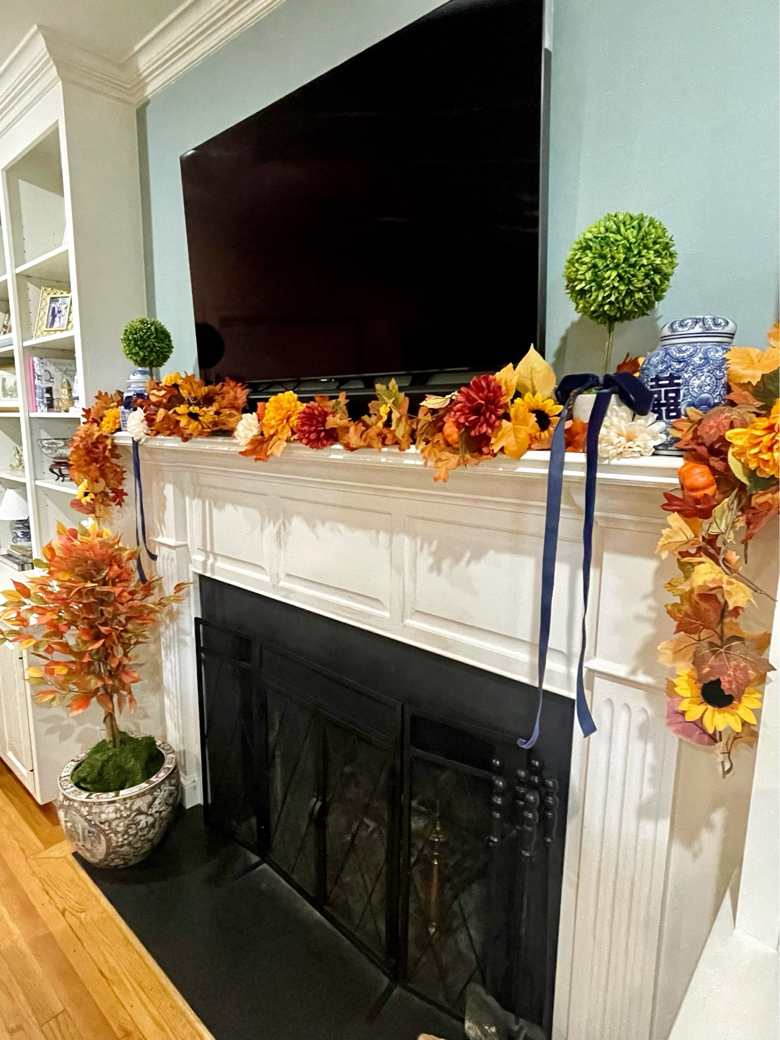 Fall decor, mantle decor, grandmillennial decor, blue & white decor, ginger jar, topiary, garland 

#LTKFindsUnder100 #LTKHome #LTKFindsUnder50