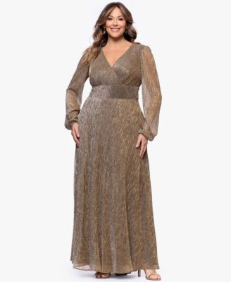Betsy Adam Womens Metallic V Neck Long Sleeve Gown | Macy's