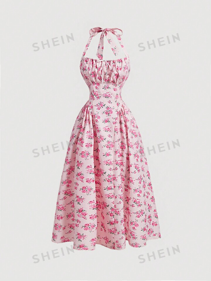 SHEIN MOD Romantic Pink Printed Halter Neck Women's Dress | SHEIN