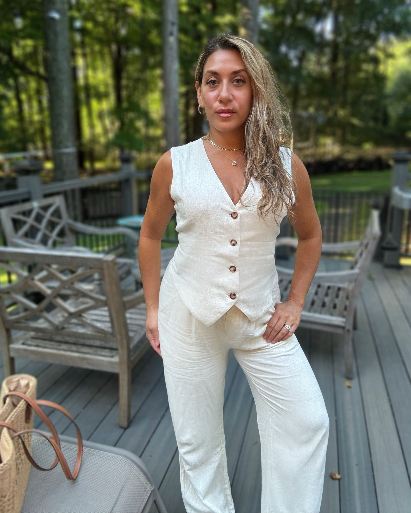 The linen set that will carry you from late summer to fall 🌞🍂 This is the best fitting, comfiest set that’s super lightweight and breathable, in a natural cotton and linen blend 🙌 Wearing my true size small (regular), this fits like a glove, and is such a flattering cut, with elastic waistband and adjustable strap on the back of the vest. Available in multiple colors too. #matchingset #linen #naturalfabrics #transitionalpieces

#LTKSeasonal #LTKWorkwear #LTKootd