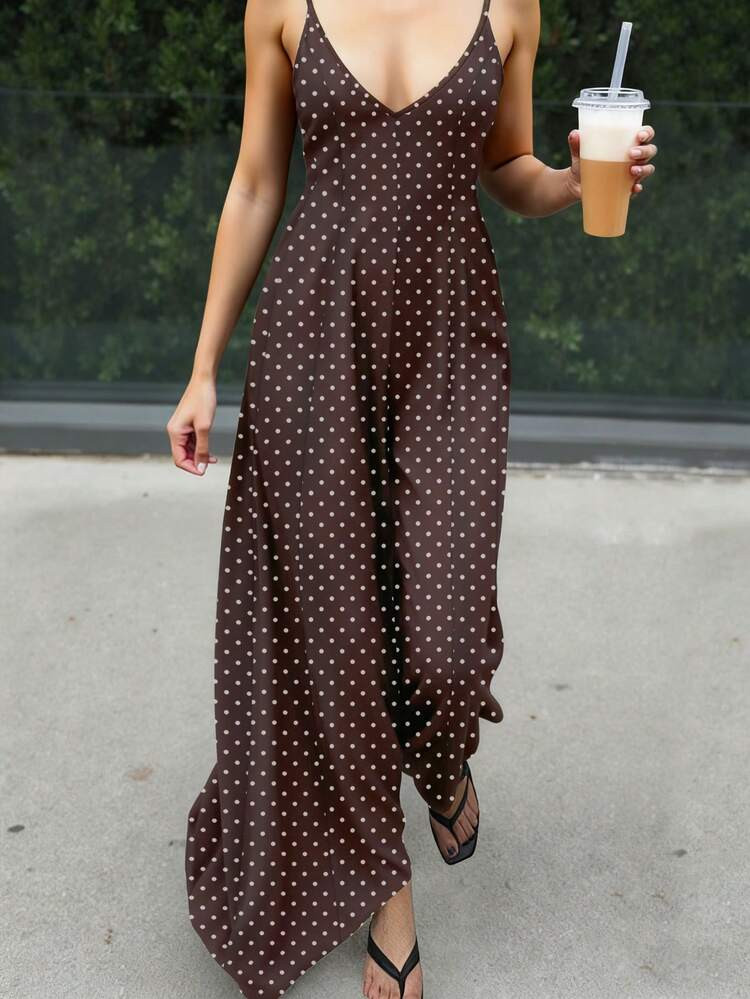 Deep V polka dot slip maxi dress  | SHEIN