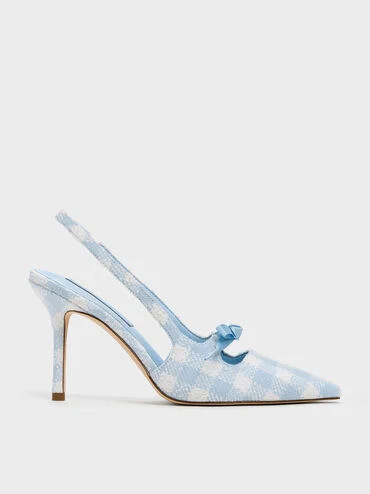 Venetia Gingham Bow Pointed Slingback Pumps
    
         - Light Blue | Charles & Keith US