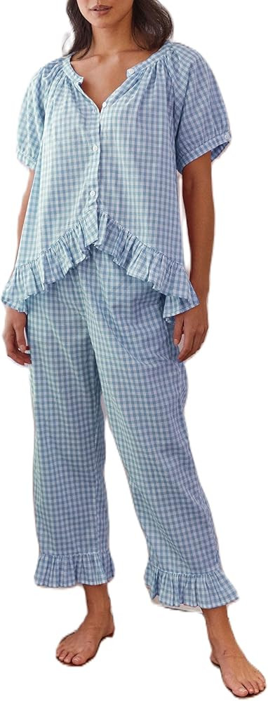 KMBANGI Women Y2K Plaid Pajama Sets Ruffle Hem Gingham Short Sleeve Shirt High Waist Bell Bottom ... | Amazon (US)