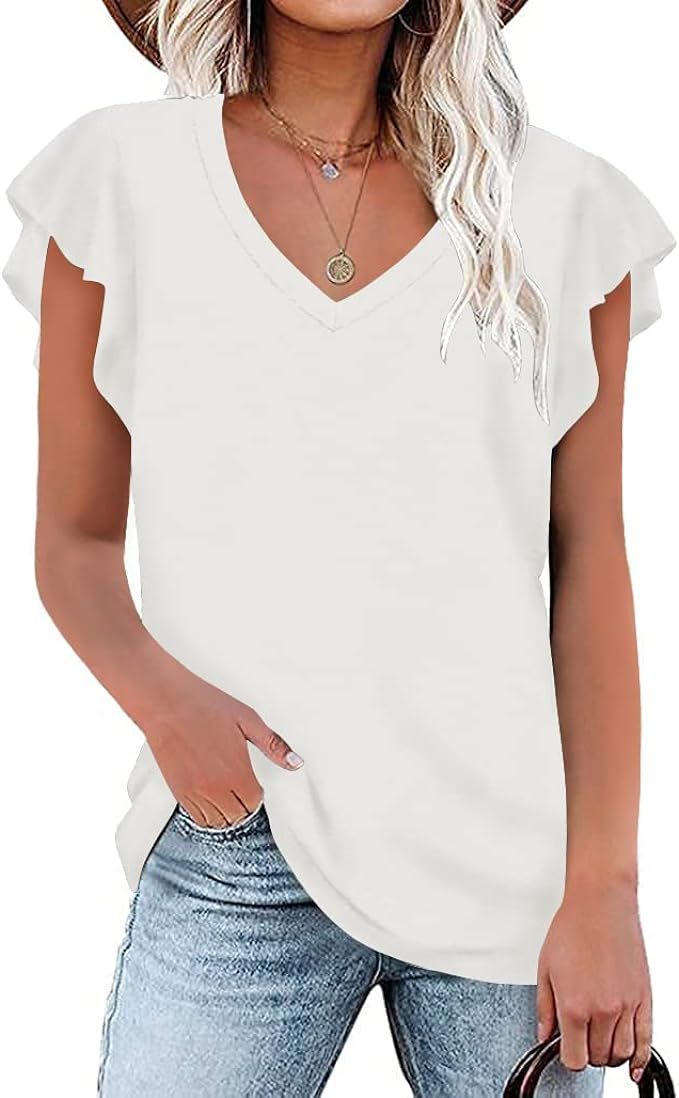 REVETRO Womens Tops Summer V Neck Ruffle Short Sleeve Tunic Tops Casual Cute Blouse Shirts | Amazon (US)