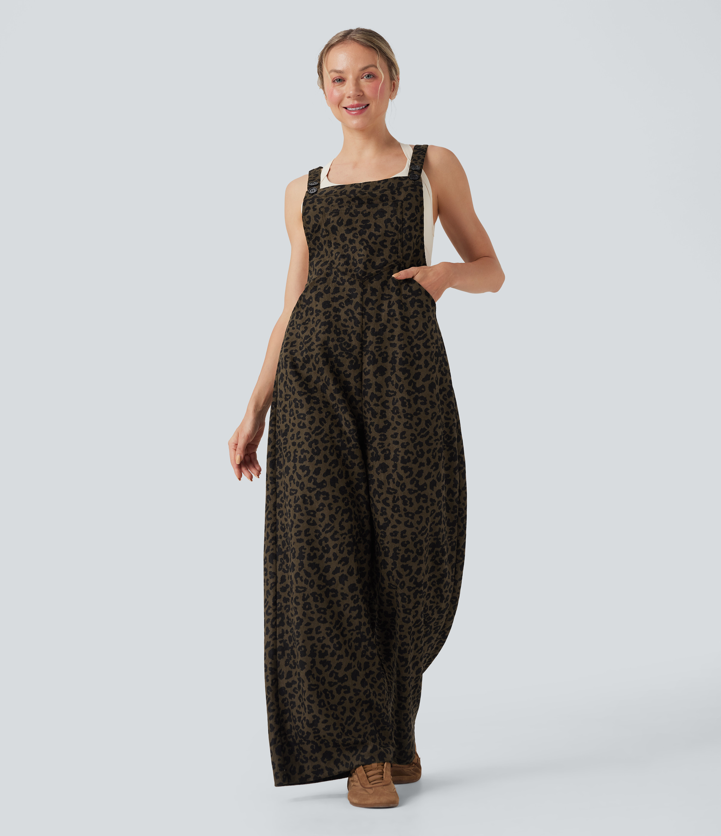 Halara Leopard Print Corduroy Relaxed Casual Overalls with Pockets - Amber Leopard - L(regular) | HALARA