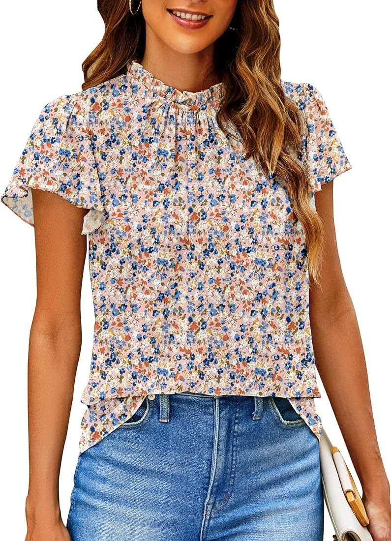 SimpleFun Women Boho Shirts Floral Ruffle Short Sleeve Mock Neck Flowy Casual Summer Blouses Tops | Amazon (US)