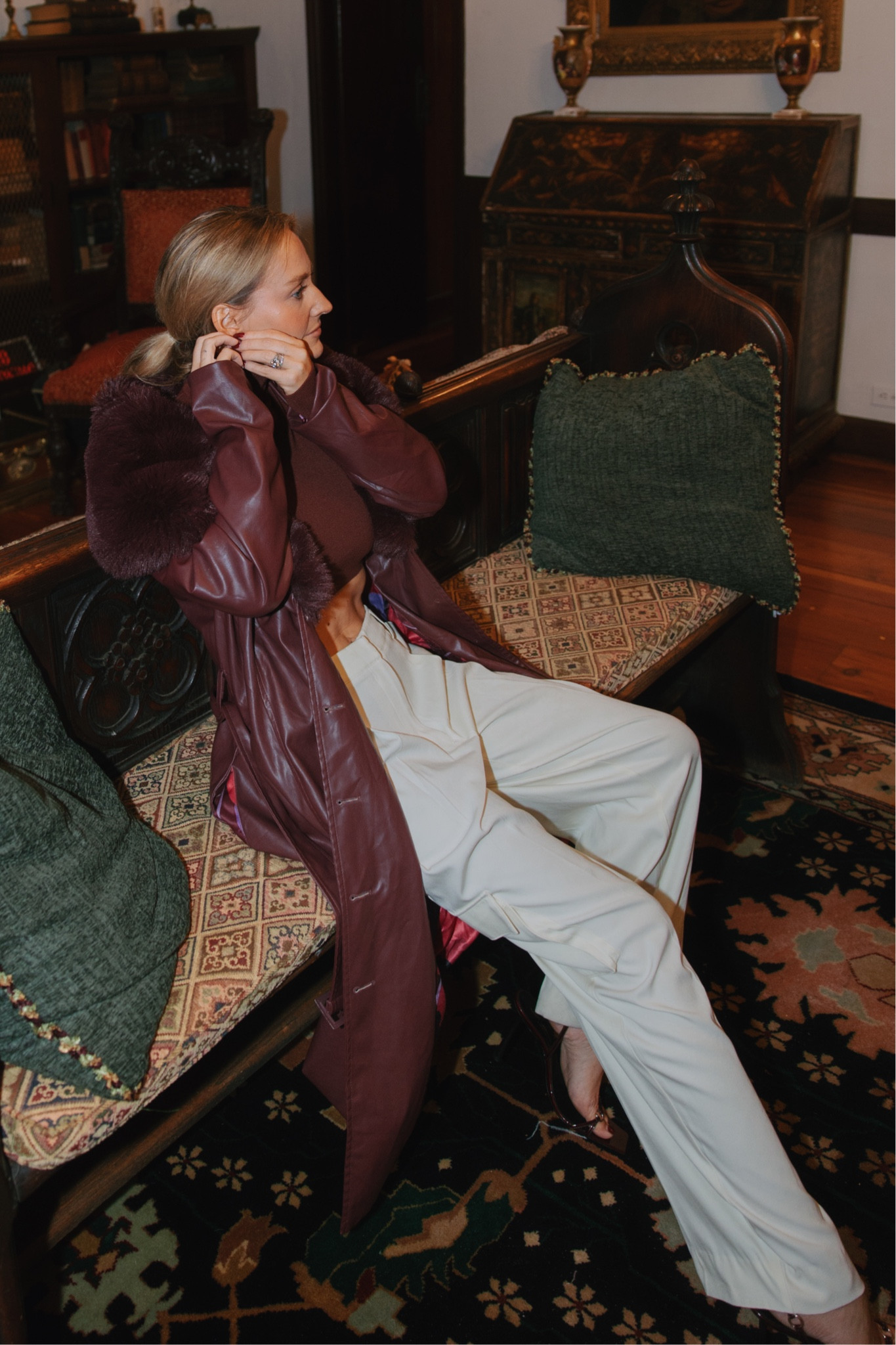 Dark red fur trench + pleated cargo pants 