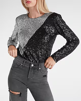 Color Block Sequin Strong Shoulder Thong Bodysuit | Express