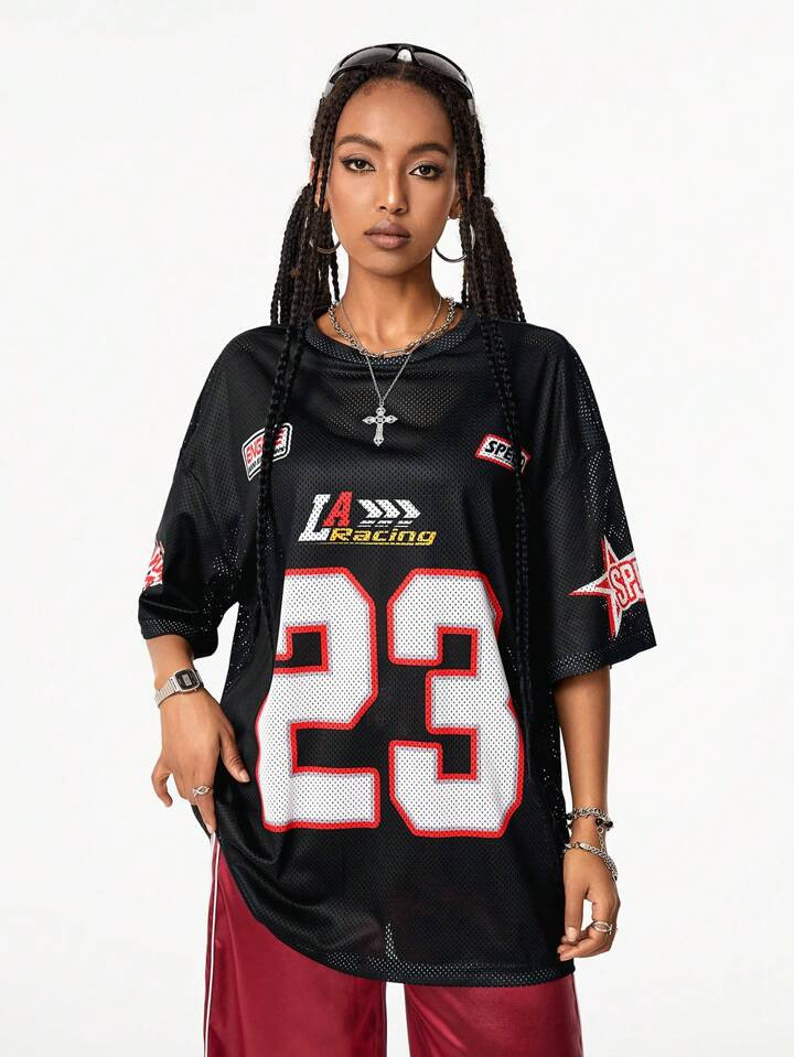Coolane Women's Streetwear Sports Blockcore Number Printed Mesh Jersey T-Shirt,Couple Same Style | SHEIN