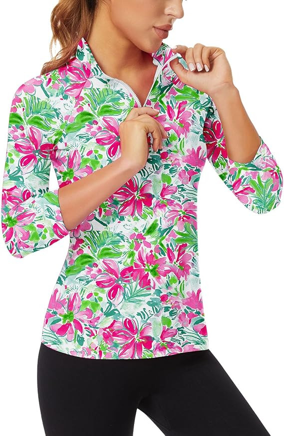 WOWENY Women's 3/4 Sleeve Athletic Golf Shirts Quarter Zip Pullover Collared T-Shirt Workout Prin... | Amazon (US)