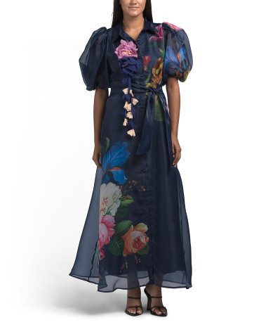 Puff Sleeve Floral Maxi Dress With Appliques For Women, Spandex/Polyester | TJ Maxx