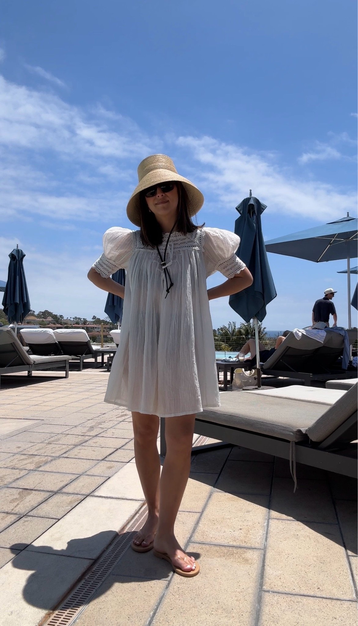 Day 1 of vacation - my outfit in action. What I wore to the pool. I love comfy bathing suits that are super tight and Hunza G is that for me!

DÔEN dress xxs - old, linked similar
Hunza G bikini navy
Tkees waterproof sandals 5
Sezane tote - don’t recommend this style (old anyways)
Janessa Leone hat small
Dorsey James necklace 15”
Electric Picks Bentley earrings 
Celine sunglasses

summer outfits, swim, summer style, petite style

#LTKmomlife #LTKPetite #LTKootd