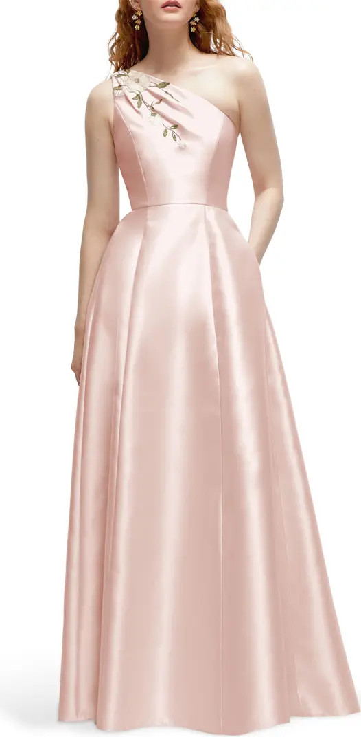 Floral Appliqué One-Shoulder Satin Gown | Nordstrom