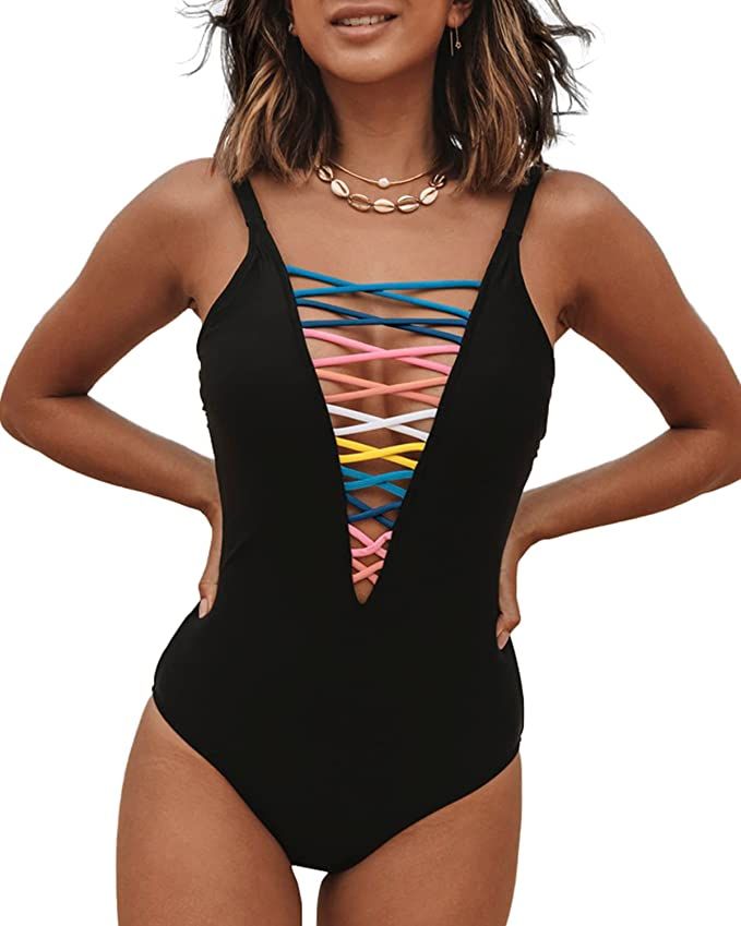 popvil One Piece Bathing Suit for Women Sexy Swimsuit Deep V Neck Hollow-Out Bathing Suit | Amazon (US)