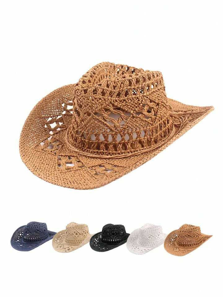 1pc Straw Cowboy Hat Women Men Western Cowboy Hats Wide Brim Hollow Breathable Unisex Sun Beach H... | SHEIN