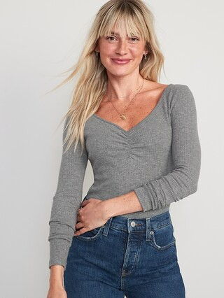 Long-Sleeve Cinched-Front Rib-Knit T-Shirt for Women | Old Navy (CA)