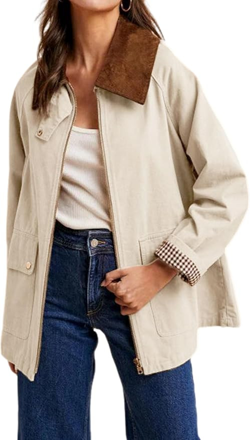 Women's Barn Jackets Fall Color Block Corduroy Collar Utility Coat Outerwear with Pockets | Amazon (US)