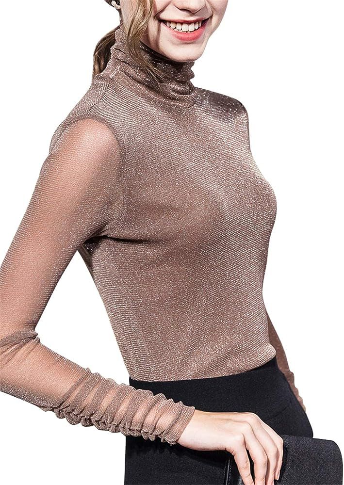 Anbenser Women's Turtleneck Top Long Sleeve Slim Fit Shirts Mesh Sheer See Through Casual Blouse | Amazon (US)