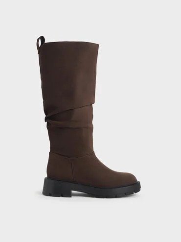 Brown Faux Suede Ruched Knee-High Boots | CHARLES & KEITH | Charles & Keith EU