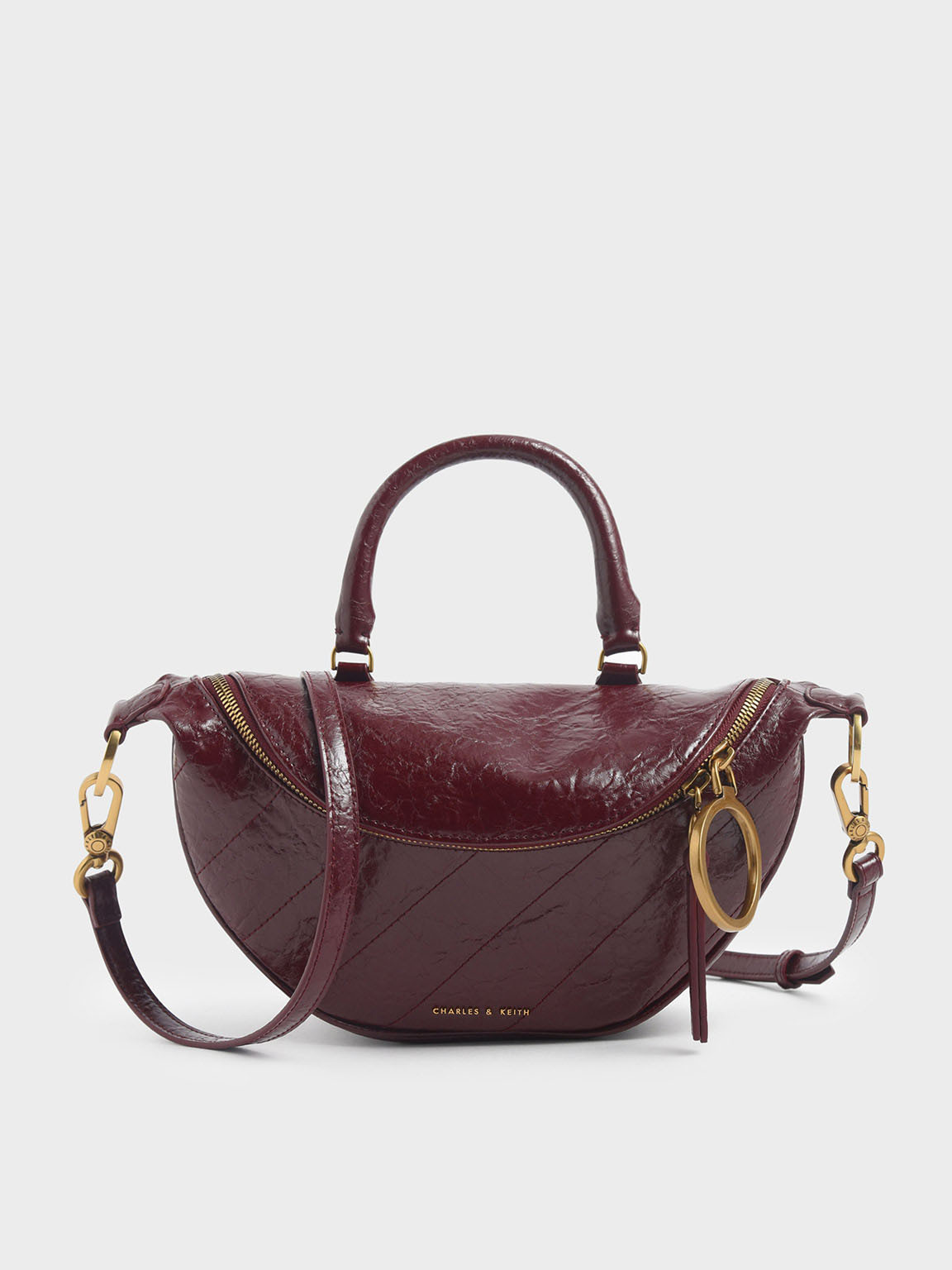 Philomena Wrinkled Effect Semi-Circle Crossbody Bag
 - Burgundy | Charles & Keith UK