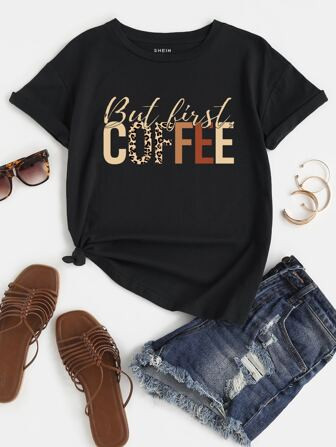 SHEIN LUNE Leopard & Slogan Graphic Tee | SHEIN
