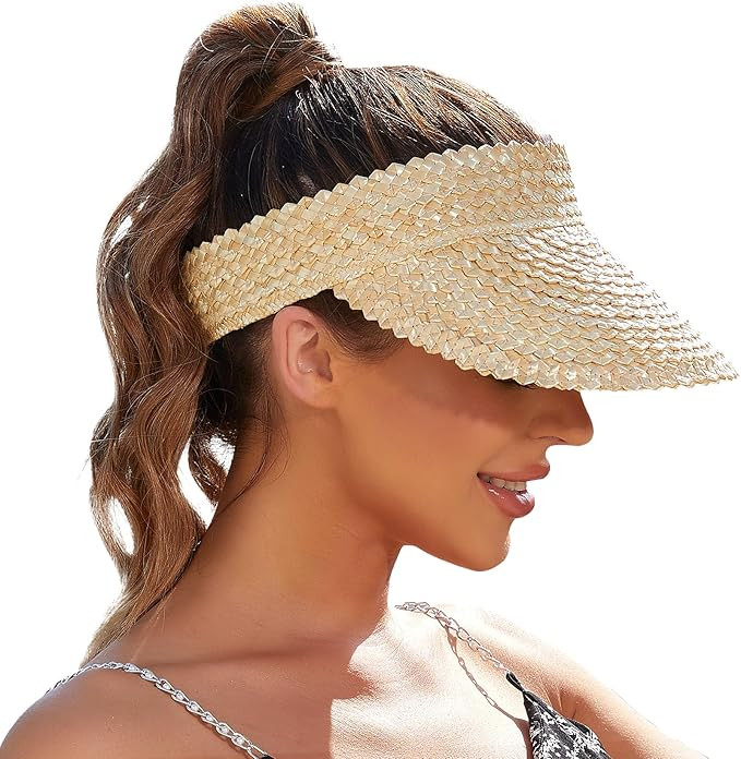 Beach Sun Hats for Women, Hand Woven Natural Straw Visors Hats UPF50+ Travel Sun Protection for S... | Amazon (US)