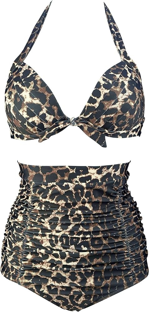 COCOSHIP Retro 50s Black Pink Blue Floral Halter High Waist Bikini Set Halter Carnival Swimsuit(F... | Amazon (US)