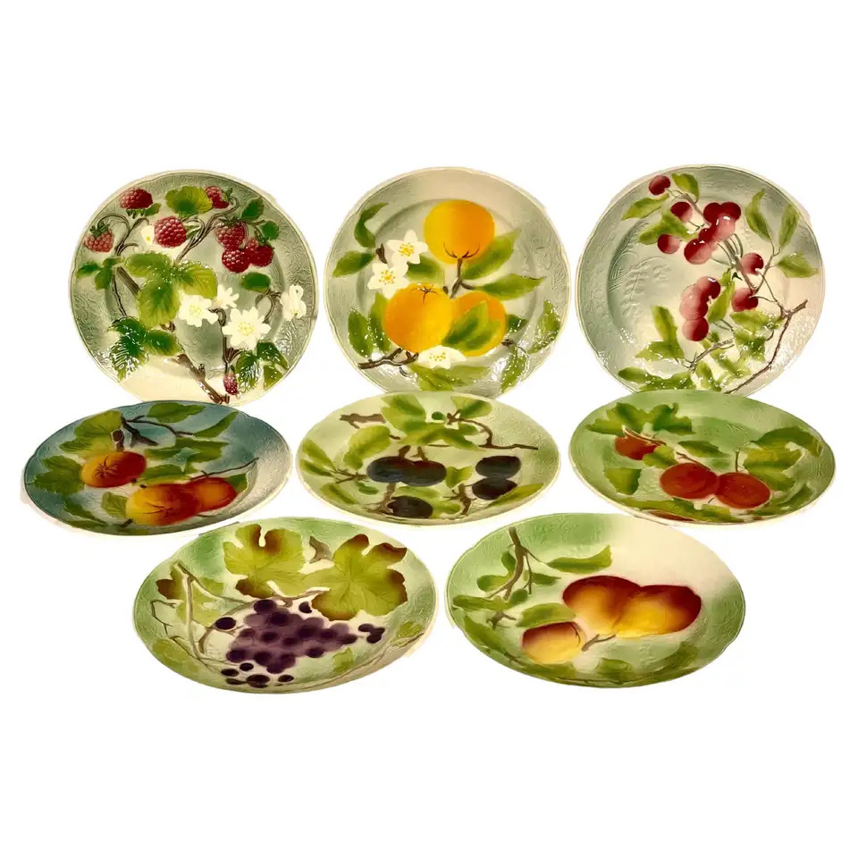 Vintage Set of French Majolica Fruit Plates by Saint-Clément | 1stDibs