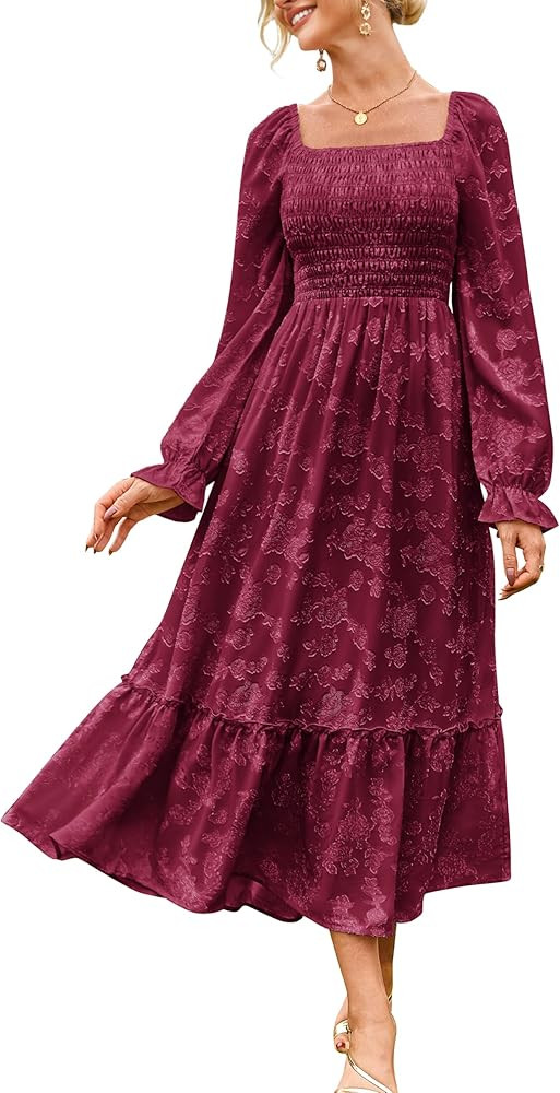 GRACE KARIN 2025 Women's Long Sleeve Floral Wedding Guest Dress,Square Neck Boho Maxi Dress, Flow... | Amazon (US)