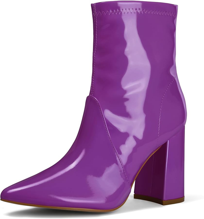 mysoft Women's GoGo Boots Mid Calf Block Heel Ankle Boots Pointed Toe Patent Leather Side Zipper ... | Amazon (US)