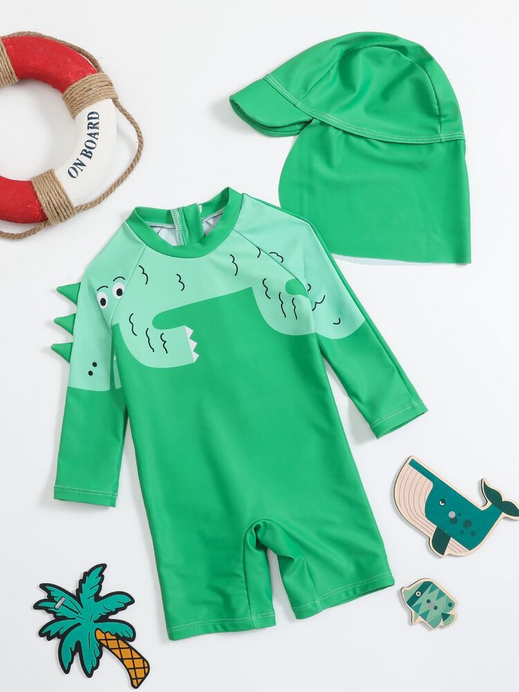 Baby Boy Cartoon Graphic Zip Back One Piece Swimsuit With Swim Cap | SHEIN