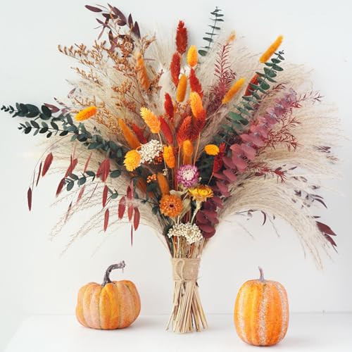 ZMRU Fall Decorations for Home, Autumn Boho Decor, Aesthetic Fall Flowers for Vase, Dried Orange Pampas Grass Bouquet for Thanksgiving, Halloween, Christmas Centre Pieces 17" (Orange) | Amazon (US)